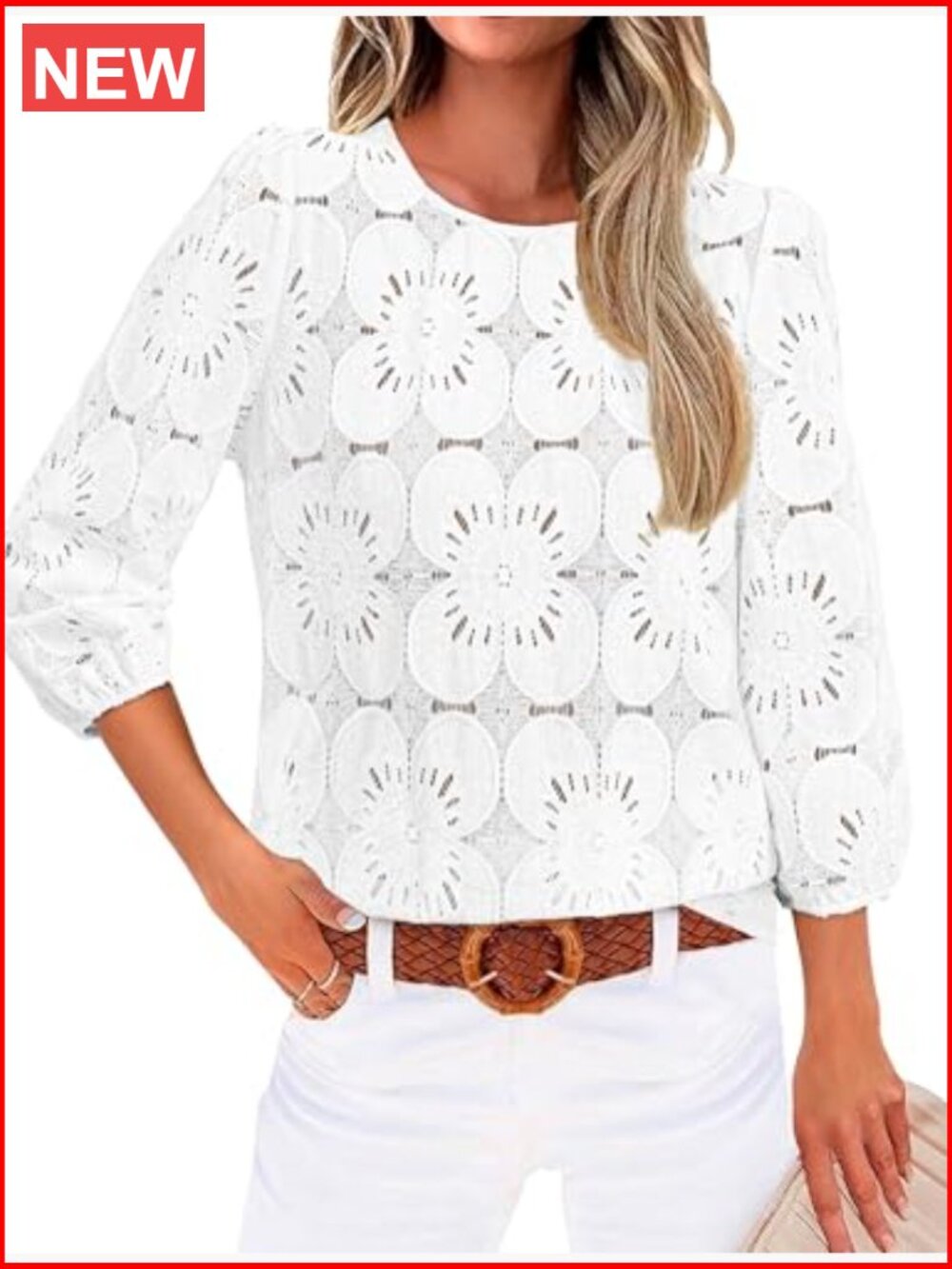 Eyelet Lace 3/4 Sleeve Blouse Dressy Casual Top Lightweight Nylon Blend - Picture 2 of 7